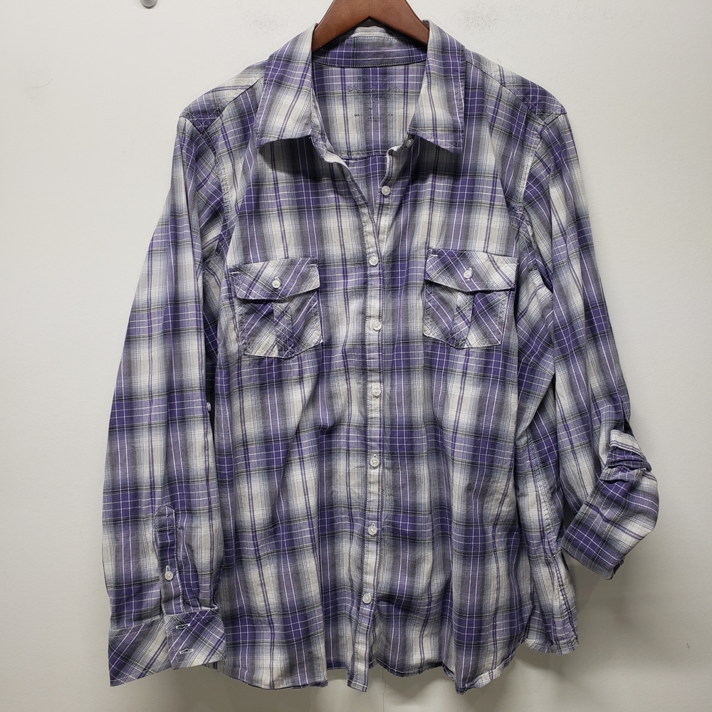 Sonoma Western Plaid Button Up Shirt Roll Tab Sleeves Womens Size 2X Country